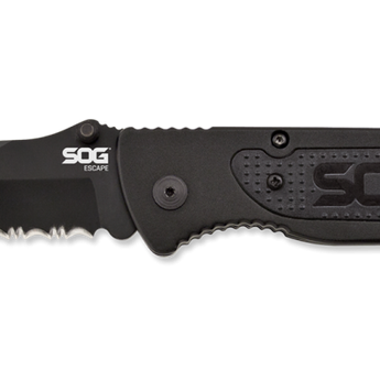 SOG Escape Folding Knife - 3.4-inch Partially Serrated, Clip Point - Bead Blasted (FF24) or Hardcased Black (FF25) - Black Handle - Clam Pack
