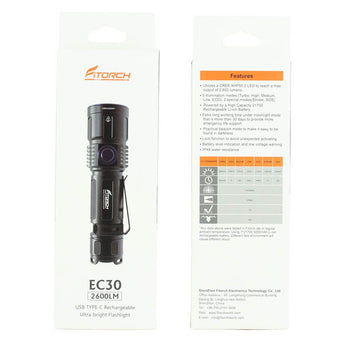 Fitorch EC30 USB-C Rechargeable LED Flashlight - 2600 Lumens - CREE XHP50.2 - Includes 1 x 21700