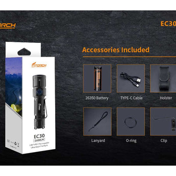 Fitorch EC30 USB-C Rechargeable LED Flashlight - 2600 Lumens - CREE XHP50.2 - Includes 1 x 21700