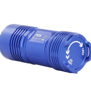 Blue Fitorch P25 Little Fatty LED Flashlight - Angled Back View of Tail Cap