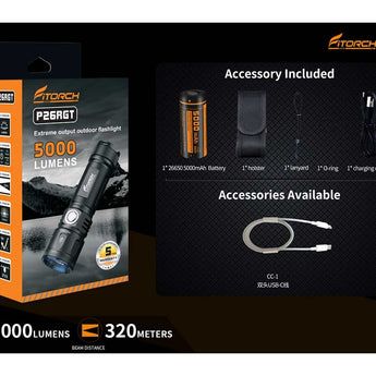 Fitorch P26RGT USB-C Rechargeable LED Flashlight - 5000 Lumens - CREE XHP 70.3 - Includes 1 x 26650