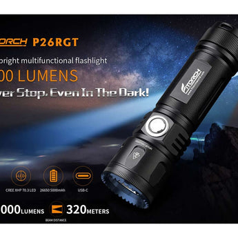 Fitorch P26RGT USB-C Rechargeable LED Flashlight - 5000 Lumens - CREE XHP 70.3 - Includes 1 x 26650