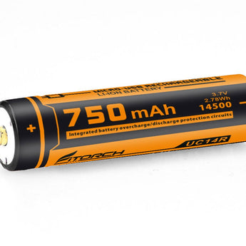 Fitorch RC145 14500 750mAh 3.7V Protected Lithium Ion (Li-ion) Button Top Battery with Built-In Micro USB Charge Port
