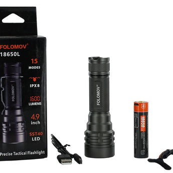 Folomov 18650L LED Flashlight - LUMINUS SST-40 - 1600 Lumens - Includes 1 x 18650 with Built-in Micro USB Charge Port