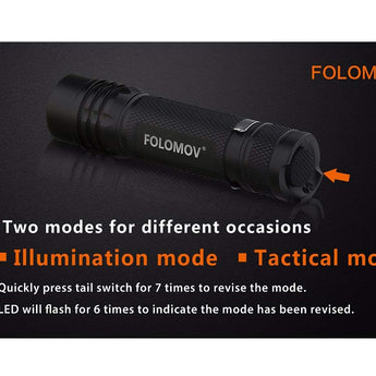 Folomov 18650S LED Flashlight - Nichia 219D - 900 Lumens - Includes 1 x 3.7V 2600mAh 18650 - Black