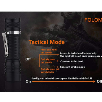 Folomov 18650S LED Flashlight - Nichia 219D - 900 Lumens - Includes 1 x 3.7V 2600mAh 18650 - Black