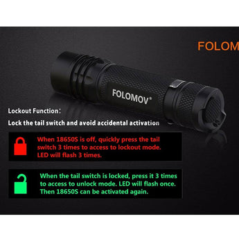 Folomov 18650S LED Flashlight - Nichia 219D - 900 Lumens - Includes 1 x 3.7V 2600mAh 18650 - Black