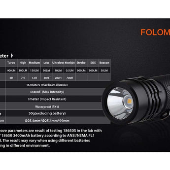 Folomov 18650S LED Flashlight - Nichia 219D - 900 Lumens - Includes 1 x 3.7V 2600mAh 18650 - Black