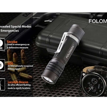 Folomov 18650S LED Flashlight - Nichia 219D - 900 Lumens - Includes 1 x 3.7V 2600mAh 18650 - Black