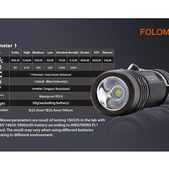 Folomov 18650S LED Flashlight - Nichia 219D - 900 Lumens - Includes 1 x 3.7V 2600mAh 18650 - Black