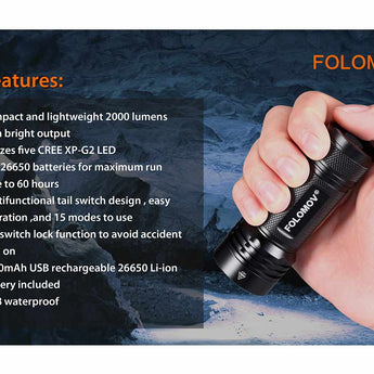 Folomov 26650S LED Flashlight - 5 x CREE XP-G2 - 2000 Lumens - Includes 1 x 3.7V 5000mAh 26650
