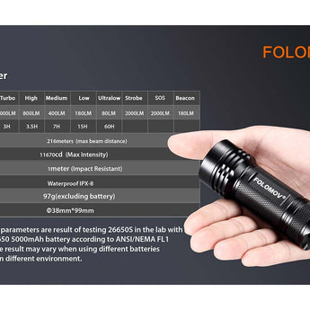 Folomov 26650S LED Flashlight - 5 x CREE XP-G2 - 2000 Lumens - Includes 1 x 3.7V 5000mAh 26650