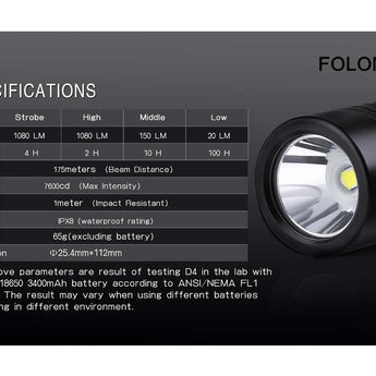 Folomov D4 LED Flashlight - CREE XP-L - 1080 Lumens - Includes 1 x 3.7V 2600mAh 18650