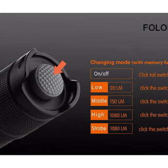 Folomov D4 LED Flashlight - CREE XP-L - 1080 Lumens - Includes 1 x 3.7V 2600mAh 18650