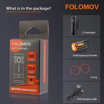 Folomov EDC-C2 LED Flashlight - CREE XT-E - 525 Lumens - Includes 1 x 3.7V 14300