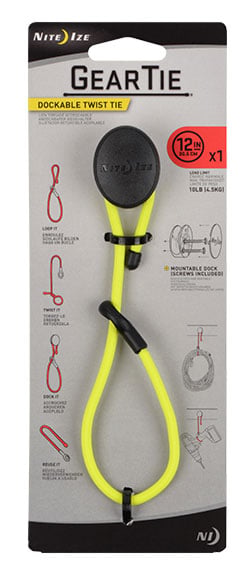 Nite Ize Gear Tie Dockable Rubber Twist Tie with Adhesive End and Stretch Loop - 12-Inch - Neon Yellow (GLK12-33-R3)