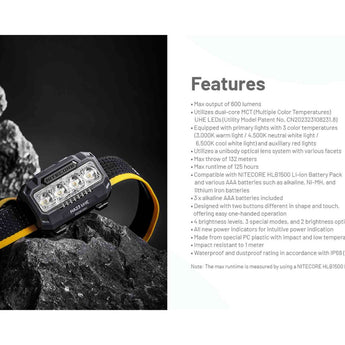 Nitecore HA23-UHE LED Headlamp - 600 Lumens - Uses 3 x AAA (Included) or HLB1500 Li-Ion Battery Pack - Black, Green, or Blue