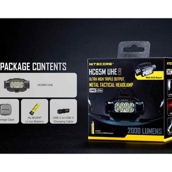 Nitecore HC65M UHE USB-C Rechargeable LED Helmet Mounted Light - 2000 Lumens - 8 x NiteLab UHE LEDs - Includes 1 x 18650 and NVG Mount