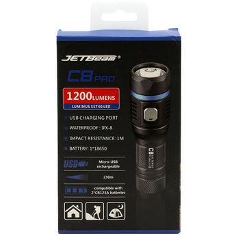 JETBeam C8 Pro Rechargeable Outdoor Flashlight - SST-40 N4 BC LED - 1200 Lumens - Includes 1 x 18650 or Uses 2 x CR123A