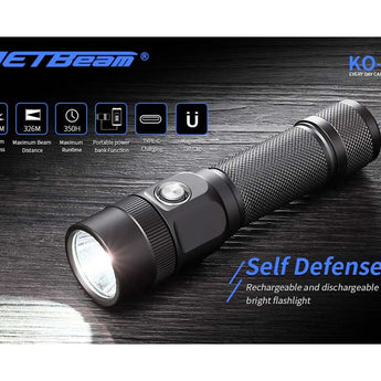 JETBeam KO-03 USB-C Rechargeable LED Flashlight - 2400 Lumens - Luminus SST70 - Includes 1 x 21700, Accepts 1 x 20700, 1 x 18650, 2 x CR123A