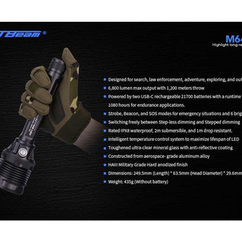 JetBeam M64 USB-C Rechargeable LED Search Light - Luminus SBT-90 - 6800 Lumens - Includes 2 x 21700