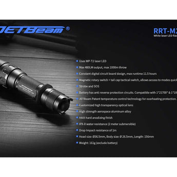 Jetbeam RRT-M2S White Laser Tactical Flashlight - 480 Lumens - Includes 1 x 5100mAh 21700