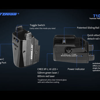 JETBeam T10L USB-C Rechargeable LED Weapon Light with Red or Green Laser - CREE XP-L HI - 680 Lumens - 655nm - Uses Built-in 400mAh Li-Poly Battery Pack