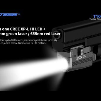 JETBeam T10L USB-C Rechargeable LED Weapon Light with Red or Green Laser - CREE XP-L HI - 680 Lumens - 655nm - Uses Built-in 400mAh Li-Poly Battery Pack
