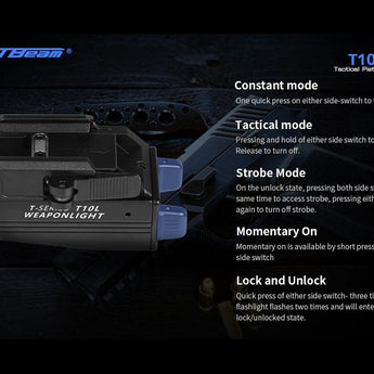 JETBeam T10L USB-C Rechargeable LED Weapon Light with Red or Green Laser - CREE XP-L HI - 680 Lumens - 655nm - Uses Built-in 400mAh Li-Poly Battery Pack
