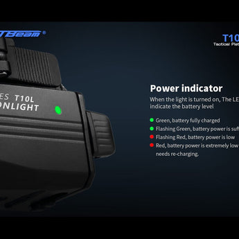 JETBeam T10L USB-C Rechargeable LED Weapon Light with Red or Green Laser - CREE XP-L HI - 680 Lumens - 655nm - Uses Built-in 400mAh Li-Poly Battery Pack