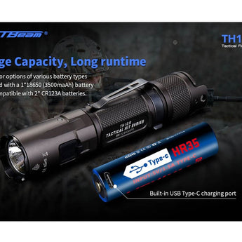 JETBeam TH10R USB-C Rechargeable LED Flashlight - CREE XHP35 - 2000 Lumens - Includes 1 x 18650
