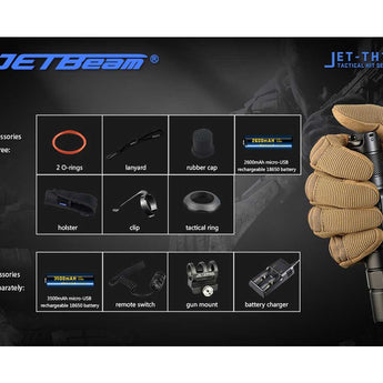 JETBeam TH15 Tactical Rechargeable Flashlight - CREE XHP35 E2 - 1300 Lumens - Uses 1 x 18650 (included) or 2 x CR123A