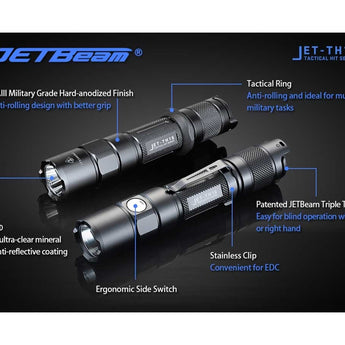 JETBeam TH15 Tactical Rechargeable Flashlight - CREE XHP35 E2 - 1300 Lumens - Uses 1 x 18650 (included) or 2 x CR123A