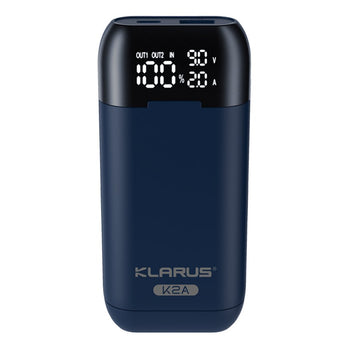 Klarus K2A 3-in-1 2-Bay Smart Charger, Power Bank and Battery Holder for 18650, 20700, and 21700 Batteries