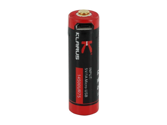Klarus UR75 14500 750mAh 3.7V Protected Lithium Ion (Li-Ion) Button Top Battery with Micro USB Charging Port