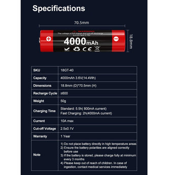 Klarus 18GT-40 18650 4000mAh 3.6V 10A Protected Lithium Ion (Li-ion) Button Top Battery