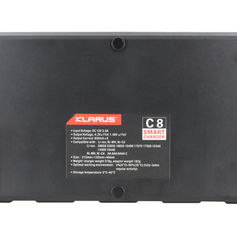 klarus c8 charger propped up standing vertically showing the backside