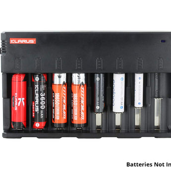 klarus c8 charger with batteries propped up vertically