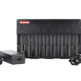 klarus c8 charger propped up with the two included charging cords for ac wall charging