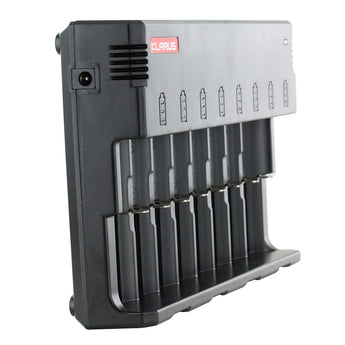 klarus c8 charger propped up standing vertically angled to the right