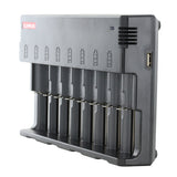 klarus c8 charger propped up standing vertically angled to the left