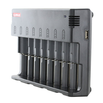 klarus c8 charger propped up standing vertically angled to the left