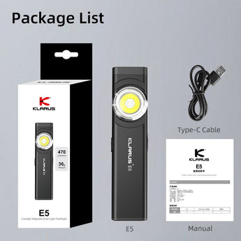 Klarus E5 USB-C Rechargeable EDC LED Flashlight - 470 or 600 Lumens - Uses Built-in 450mAh Li-ion Battery Pack - Multiple Color Options