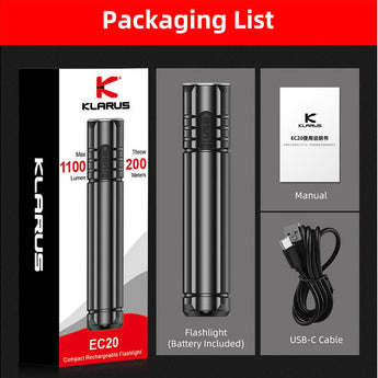 Klarus EC20 USB-C Rechargeable LED Flashlight - Luminus SST-20-WCS - 1100 Lumens - Includes 1 x 21700 - With or Without Power Bank Function