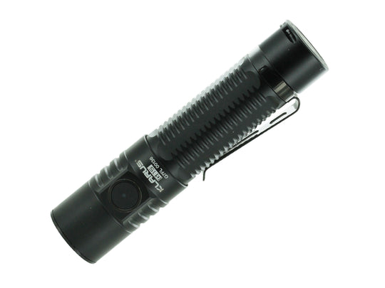Black Klarus flashlight on a white background