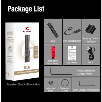 Klarus GL6 USB-C rechargeable Rail Mounted LED Weapon Light - 1600 Lumens - 520nm Green laser - Includes 1 x 18650