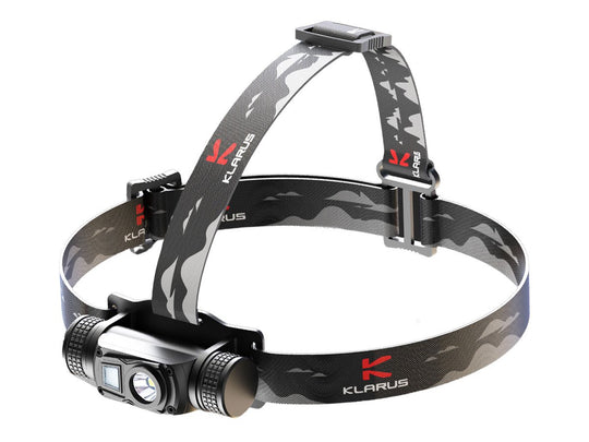 klarus hl1 headlamp, pointed down and to the left, both headstraps up
