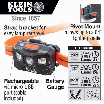 Klein Tools Rechargeable Headlamp - 400 Lumens - Uses Built-In Li-ion Battery Pack