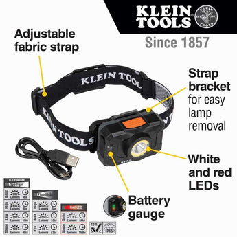 Klein Tools Rechargeable 2-Color LED Headlamp with Adjustable Strap - 800 Lumens - Uses Built-In Li-ion Battery Pack