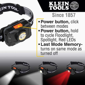 Klein Tools Rechargeable 2-Color LED Headlamp with Adjustable Strap - 800 Lumens - Uses Built-In Li-ion Battery Pack